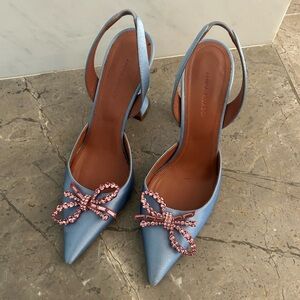 Amina Muaddi satin sling back pumps with bow embellishments